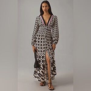 Farm Rio x Anthropologie Long-Sleeve V-Neck Black White Maxi Dress Sz M *stain*